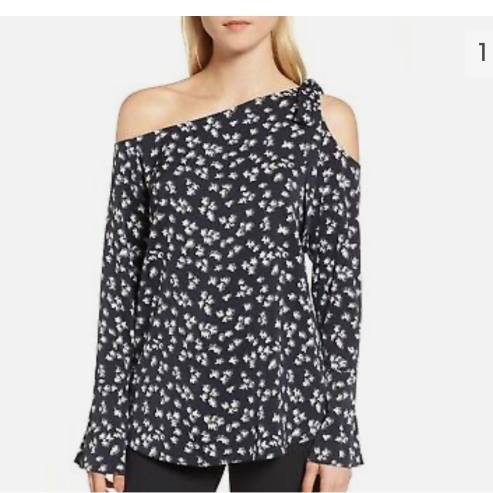 LEWIT one / cold shoulder bow detail long sleeve blouse stretch silk black wht S